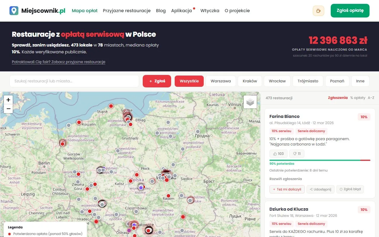 Mapa opłat z listą lokali i głosami