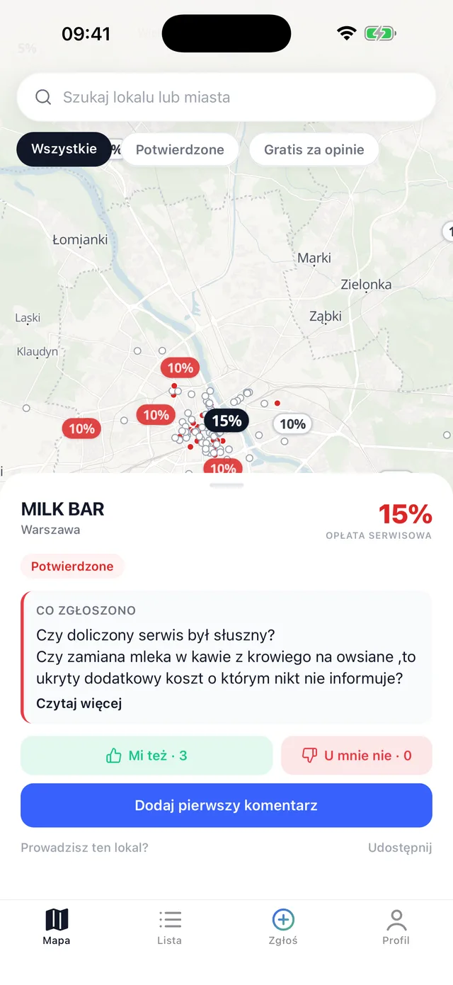 Karta lokalu z opisem zgłoszenia
