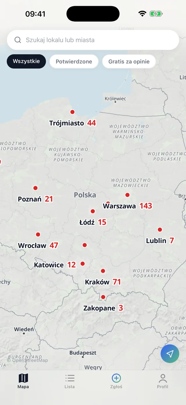 Mapa opłat serwisowych w aplikacji Miejscownik