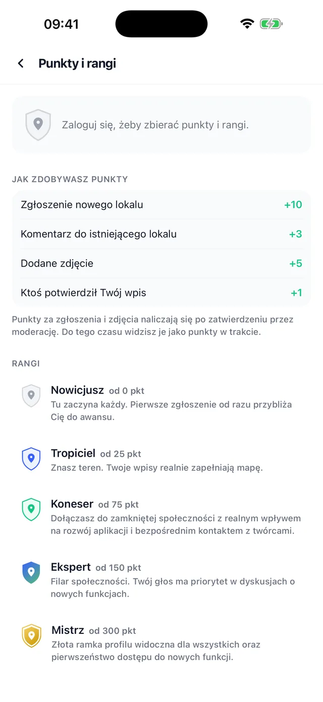 Ekran punktów i rang w aplikacji