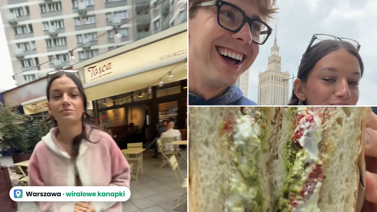 Po lewej wejście do lokalu z kanapkami przy Świętokrzyskiej, w środku Bagi i Inez z kanapkami na tle Pałacu Kultury, po prawej przekrój kanapki z mortadelą