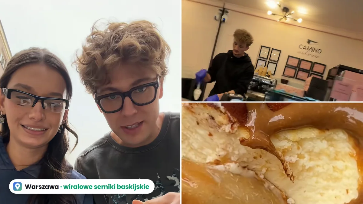 Po lewej Inez i Bagi z kawałkiem sernika baskijskiego w pudełku na ulicy, po prawej witryna z sernikami w Camino de la Crema i sernik polany słonym karmelem