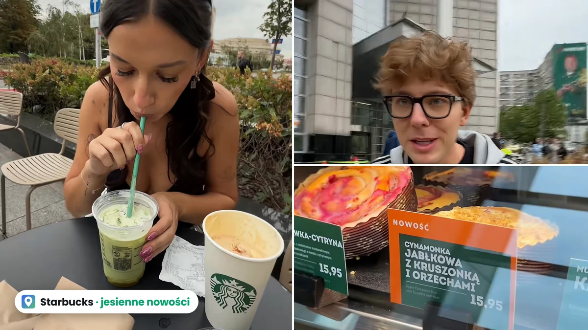 Po lewej Inez pije matchę przy stoliku z kubkiem Starbucksa, po prawej Bagi przed wieżowcem i cenówka nowej cynamonki jabłkowej za 15,95 zł