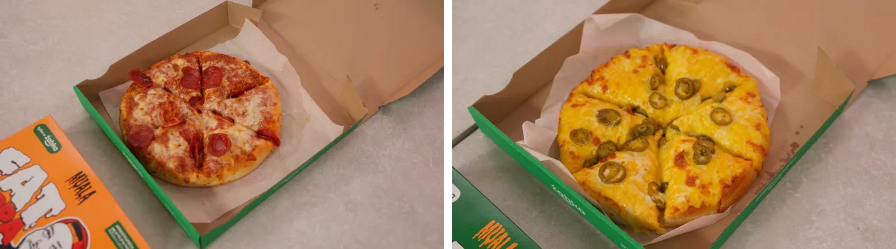 Pizza Fat Peppa z pepperoni i pizza Fat Cheese z jalapeño w pudełkach, kadry z odcinka Koleżanka zapłaci