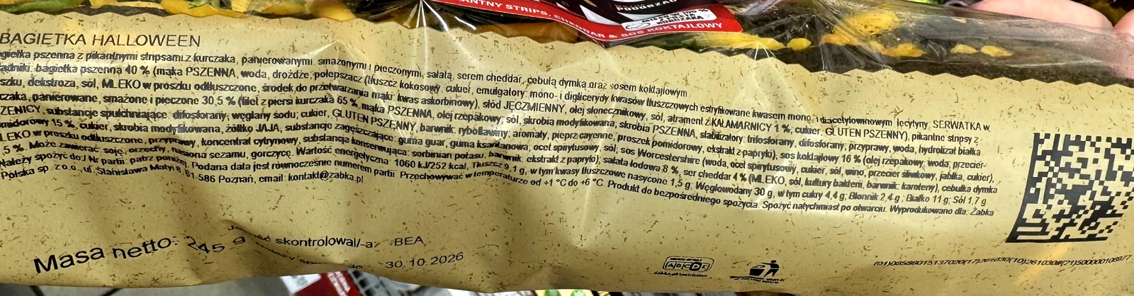 Etykieta z tyłu opakowania Bagietki Halloween ze składem i wartością odżywczą