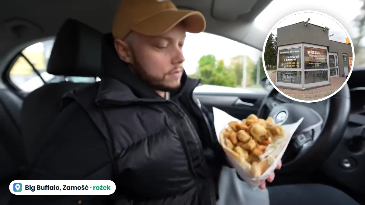 Rożek z Big Buffalo w Zamościu z kurczakiem i pieczarkami w panierce, w kółku front lokalu przy Peowiaków 9A