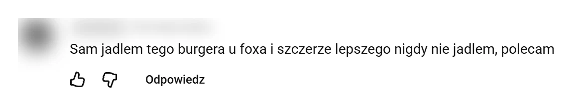 Zrzut ekranu komentarza pod filmem Blowka o burgerze u Adiego Foxxa, nick zamazany