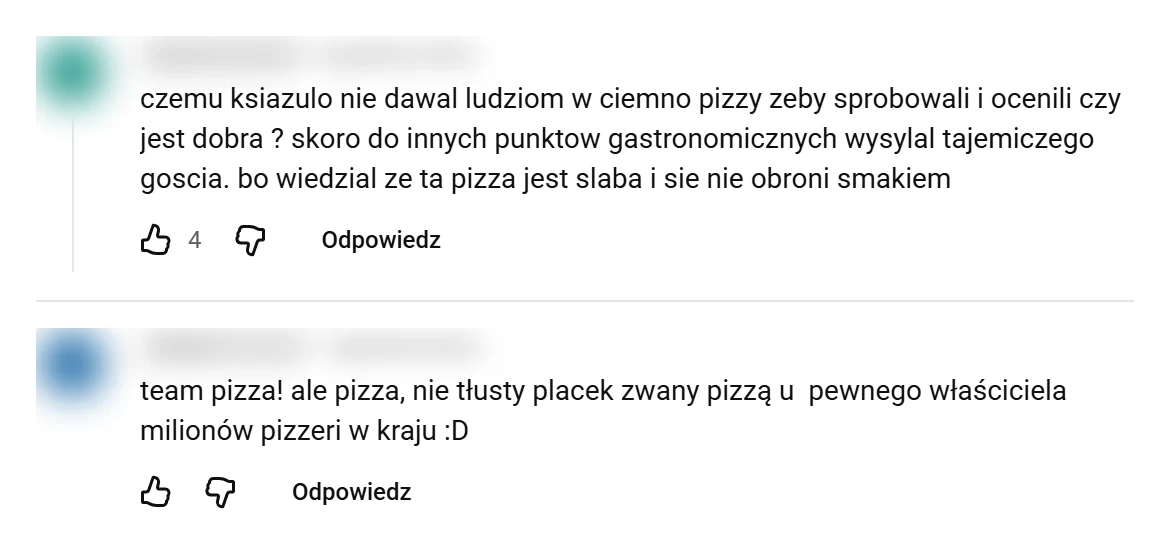 Zrzut ekranu dwóch komentarzy pod filmem Blowka o pizzy Książula, nicki zamazane