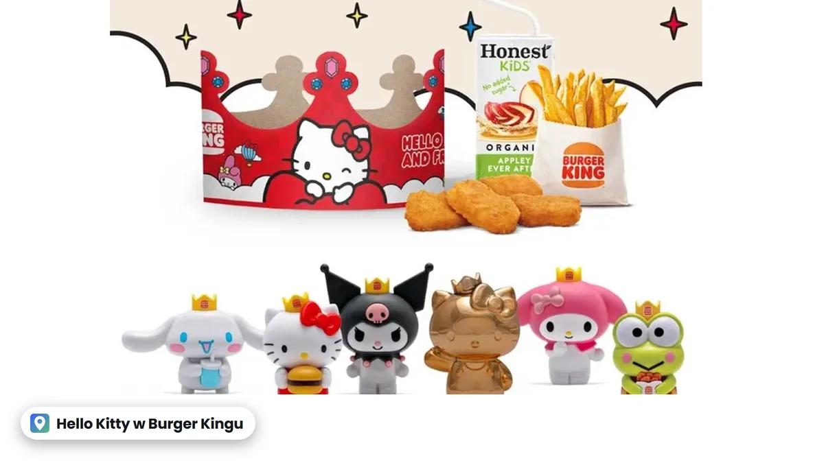 Figurki Cinnamoroll, Hello Kitty, Kuromi, złota Hello Kitty, My Melody i Keroppi w koronach Burger Kinga, nad nimi korona Hello Kitty, nuggetsy i frytki