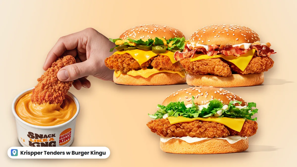 Kawałek kurczaka Krispper Tenders maczany w sosie serowym oraz trzy burgery Krispper: Spicy z jalapeño, BBQ z bekonem i Classic z sałatą
