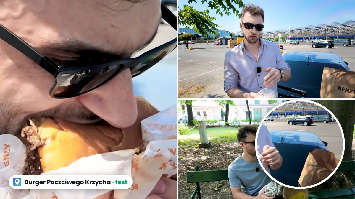 Kadry z filmu Urbix: youtuber je burgera z budki Poczciwego Krzycha na parkingu Makro, burger Onion Jam w dłoni na papierze Kenzy, ławka w parku przy Filthy Burgers