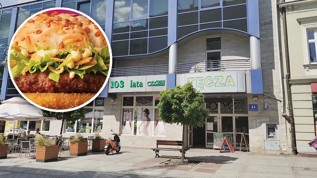 Dom handlowy Tęcza przy ulicy Sienkiewicza 44 w Kielcach, z lewej ogródek restauracji McDonald's, w kółku Burger Drwala