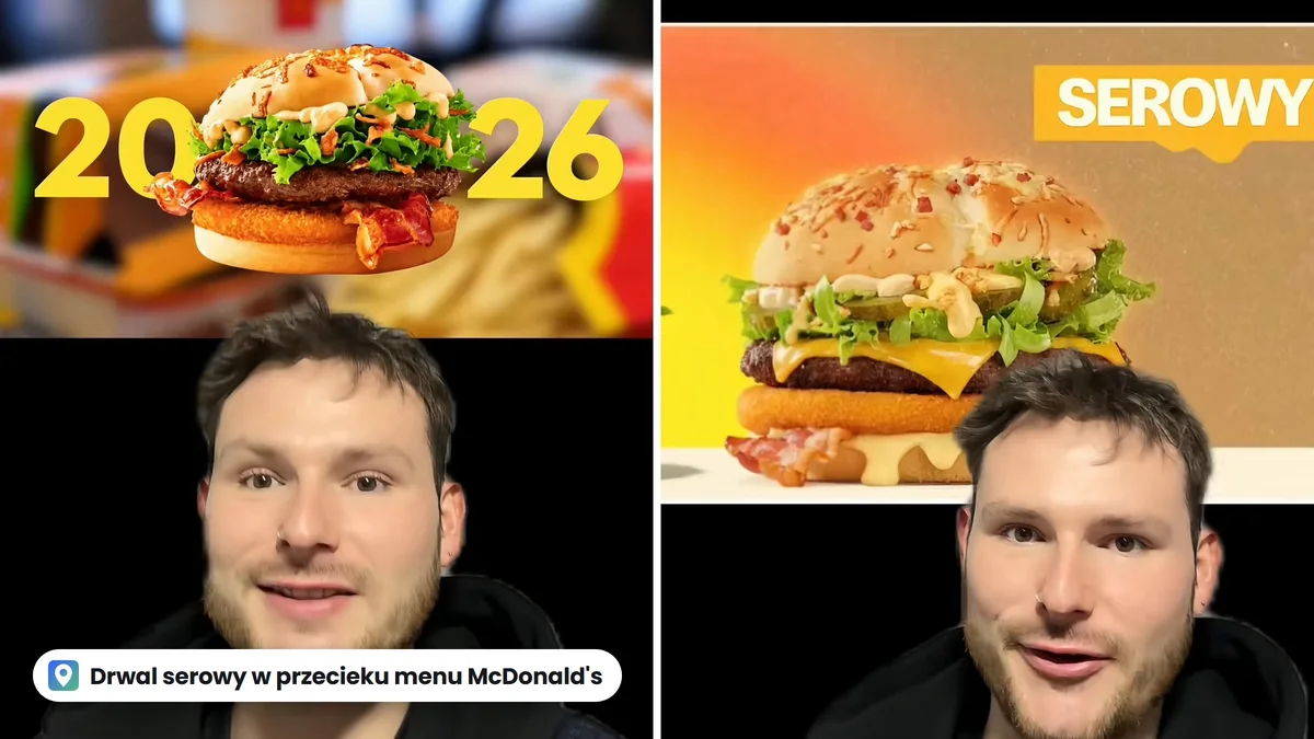 Dwa kadry z filmu na TikToku: z lewej autor pod grafiką Drwala z napisem 2026, z prawej pod grafiką burgera z napisem SEROWY