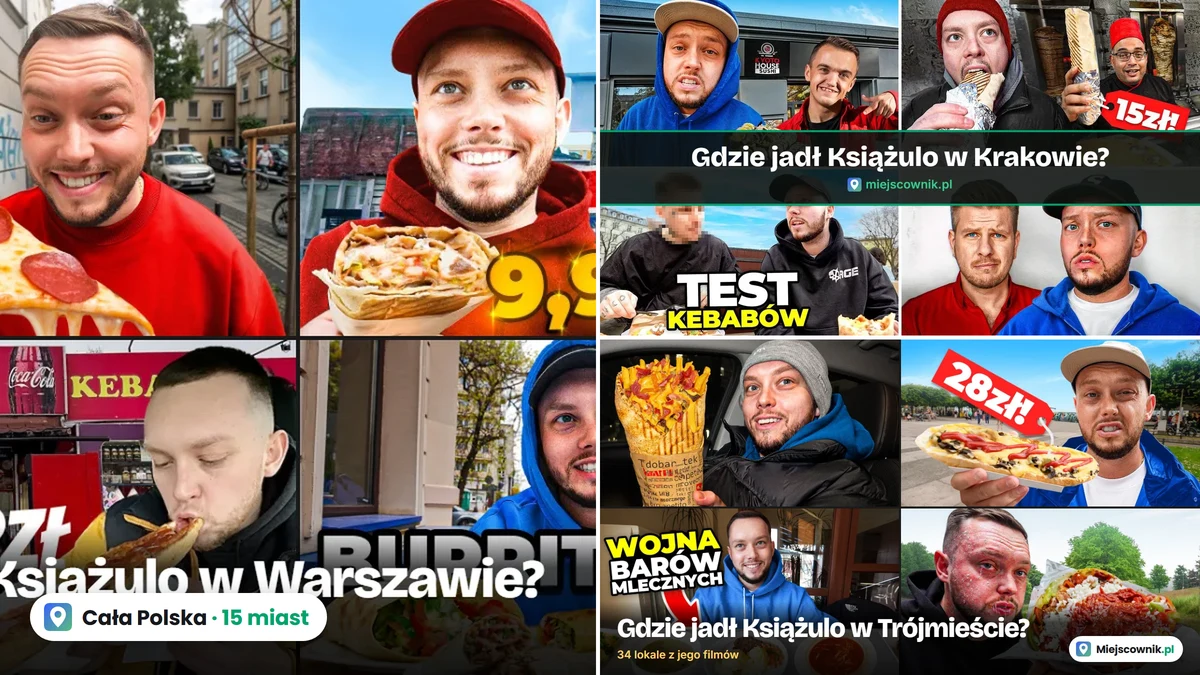Gdzie jadł Książulo w całej Polsce: kolaż miniatur jego filmów z Warszawy, Krakowa i Trójmiasta