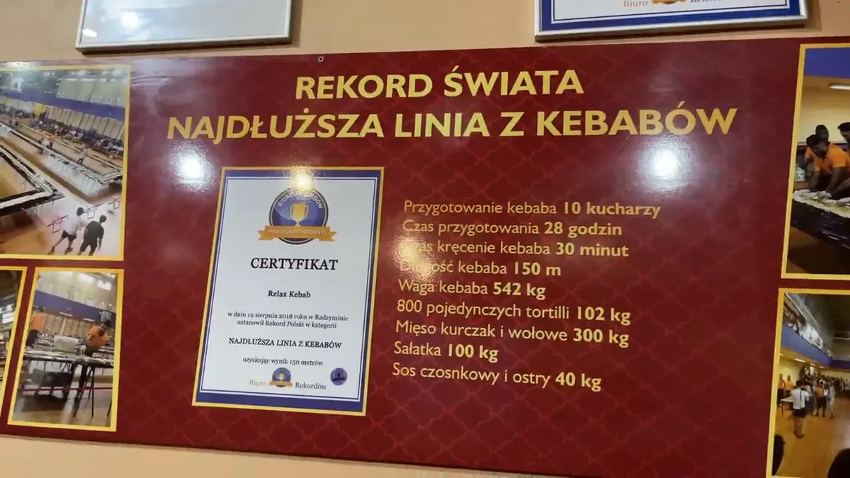 Tablica z rekordem na najdłuższą linię z kebabów w Kebab Relax Radzymin