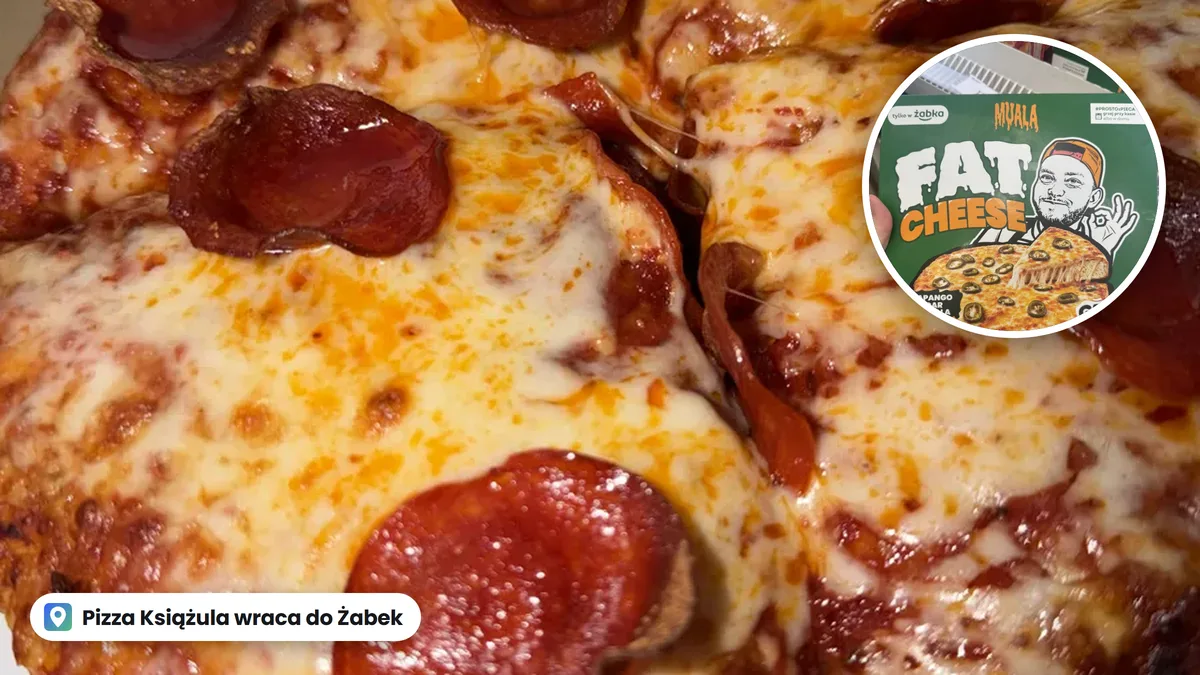Zbliżenie na pizzę Fat Peppa Książula z roztopionym serem i pepperoni, w kółku zielone pudełko Fat Cheese z rysunkiem Książula