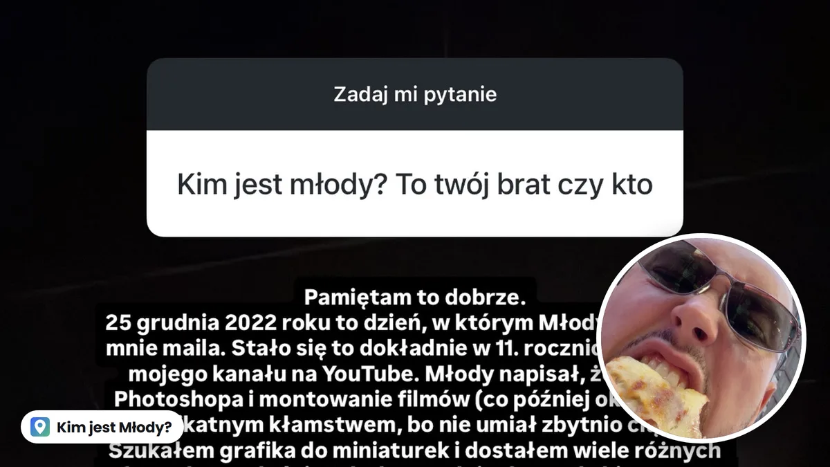 Pytanie z relacji Książula na Instagramie: Kim jest młody? To twój brat czy kto? Pod spodem początek odpowiedzi; w kółku Książulo w okularach je pizzę
