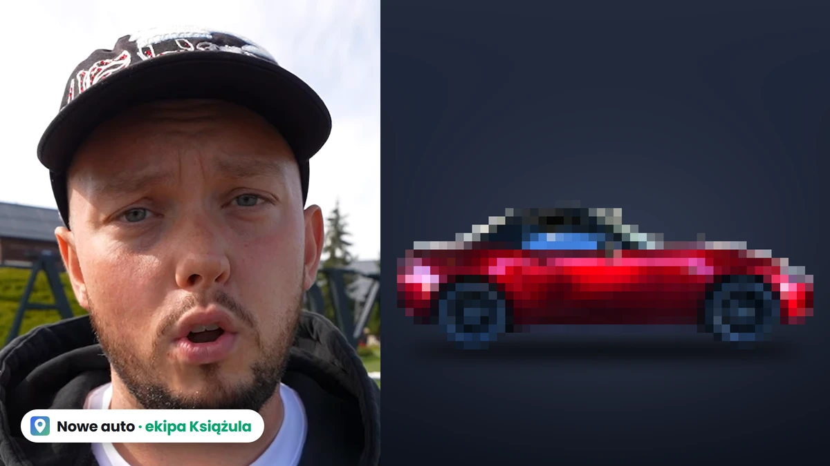 Po lewej zdziwiony Książulo w zbliżeniu, po prawej czerwona Mazda MX-5 z boku pod mozaiką, zdjęcie poglądowe