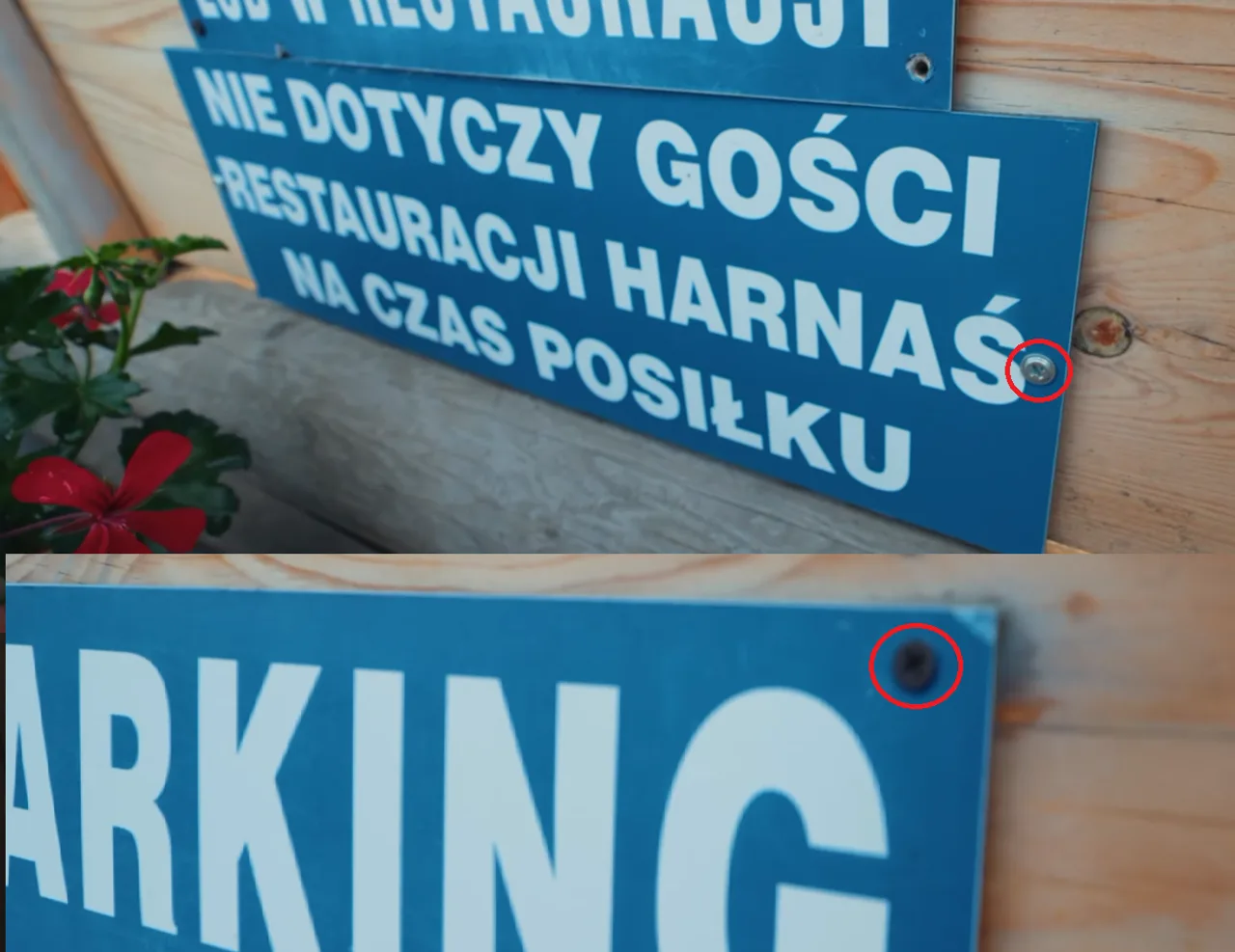 Tablice z zasadami i informacją o parkingu przy restauracji Harnaś, ze świeżo dokręconymi śrubkami