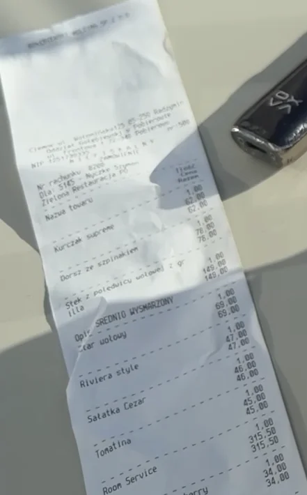 Rachunek z hotelu Gołębiewski w Pobierowie z pozycją room service 315,50 zł