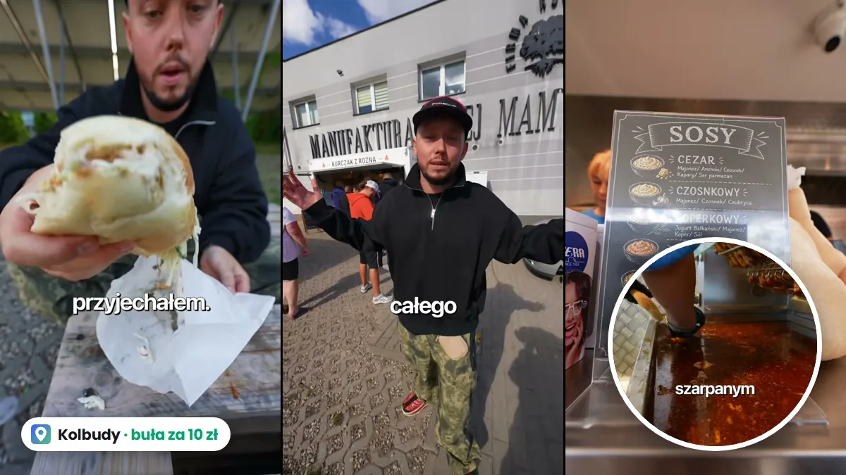 Książulo z bułą z kurczakiem z rożna, przed budynkiem Manufaktury Mojej Mamy w Kolbudach i tablica sosów, w kółku tłuszcz, w którym maczane są bułki