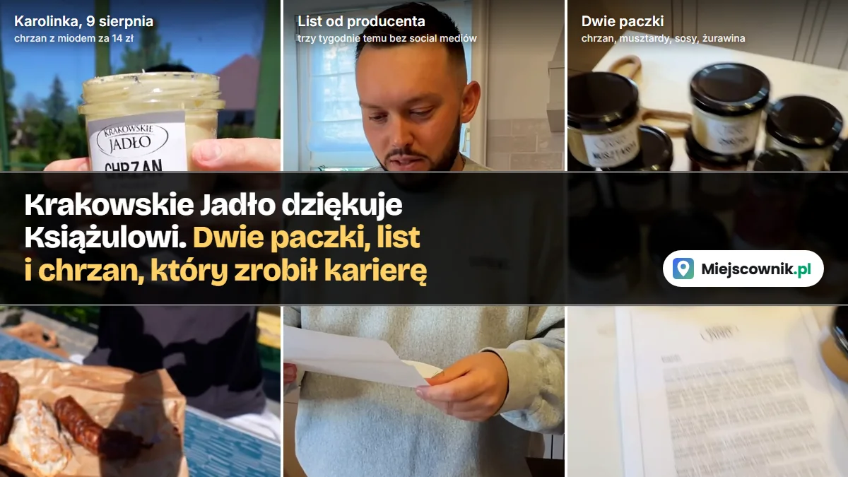 Książulo z dwiema paczkami od Krakowskiego Jadła, słoiki z przetworami na blacie i chrzan z miodem z filmu ze sklepu Karolinka