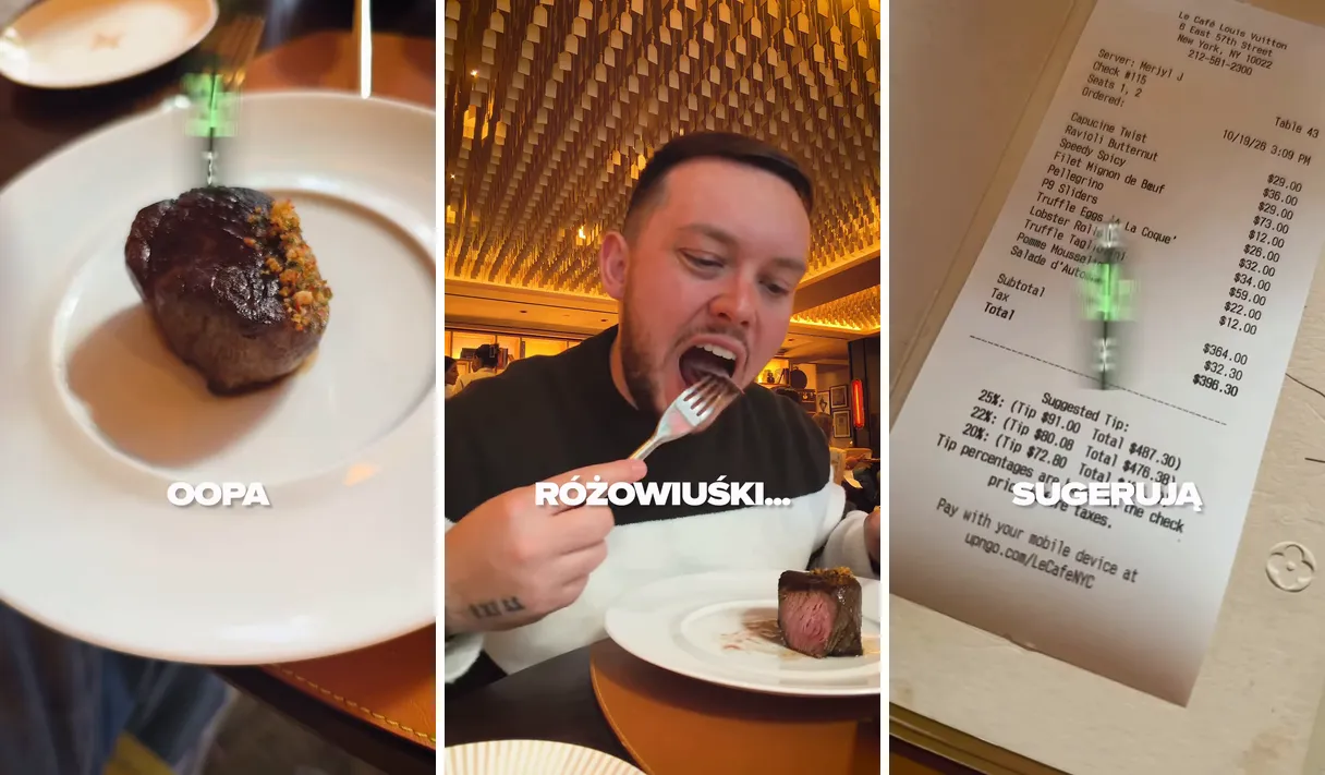 Polędwica wołowa za 73 dolary, Książulo przy steku i paragon z sugerowanym napiwkiem