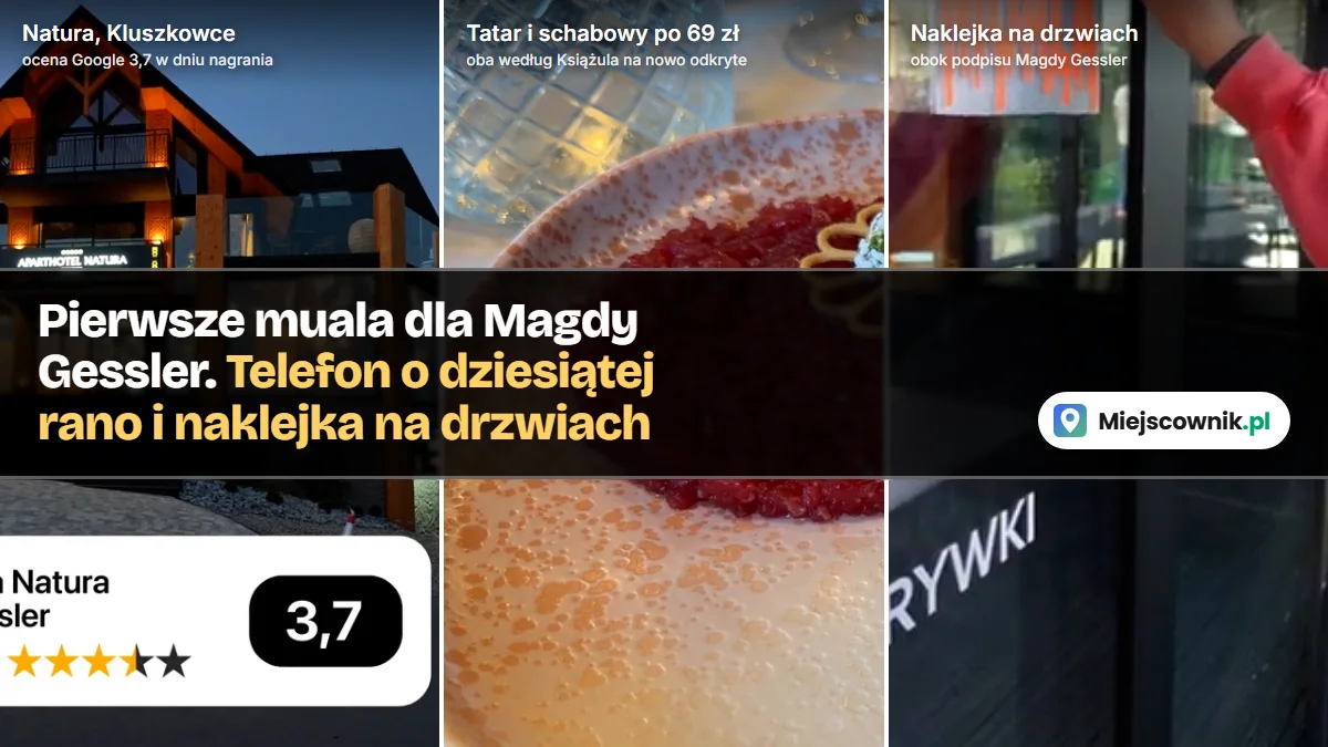 Restauracja Natura Magdy Gessler w Kluszkowcach, schabowy za 69 zł i Książulo naklejający muala na szklanych drzwiach obok podpisu Magdy Gessler