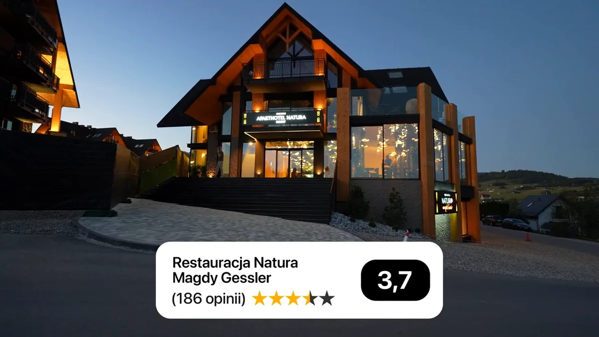 Budynek Aparthotelu Natura Resort w Kluszkowcach wieczorem z nakładką z oceną Google 3,7 przy 186 opiniach