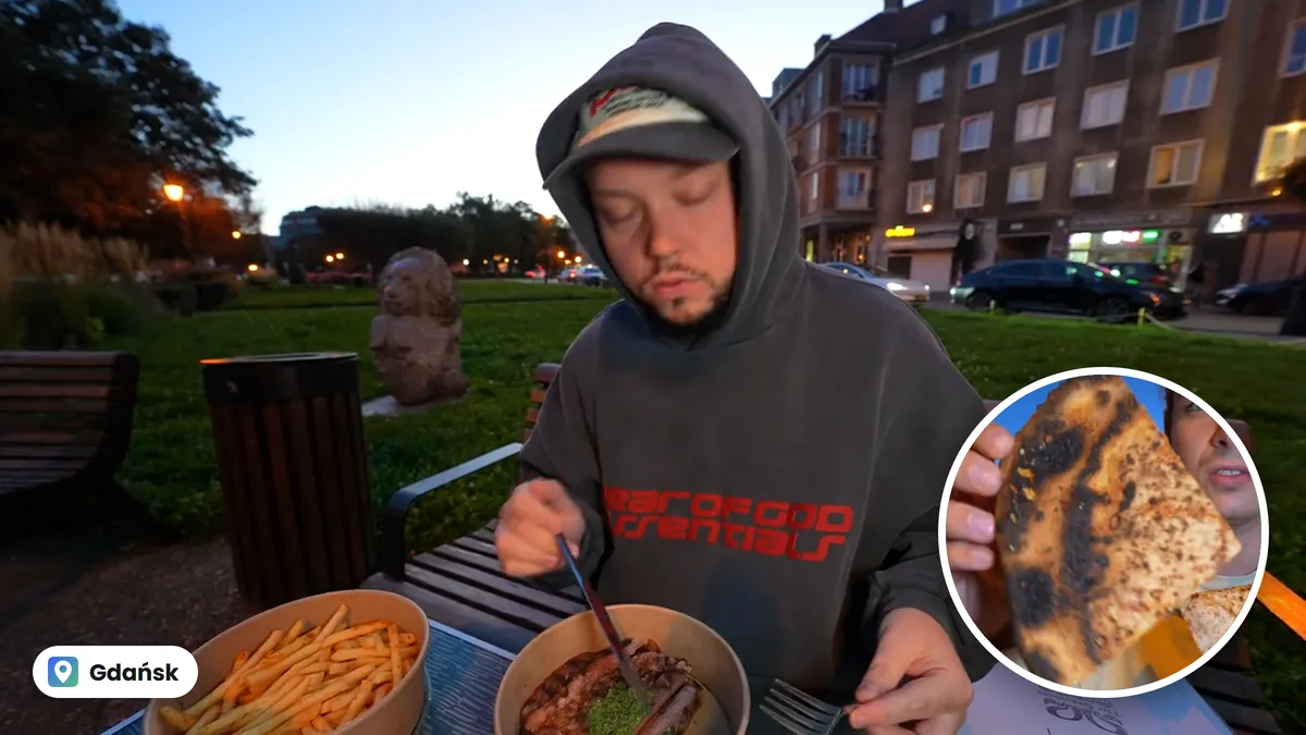 Książulo je stek z frytkami na ławce w Gdańsku, w kółku przypalony spód pizzy z restauracji Marzyciele