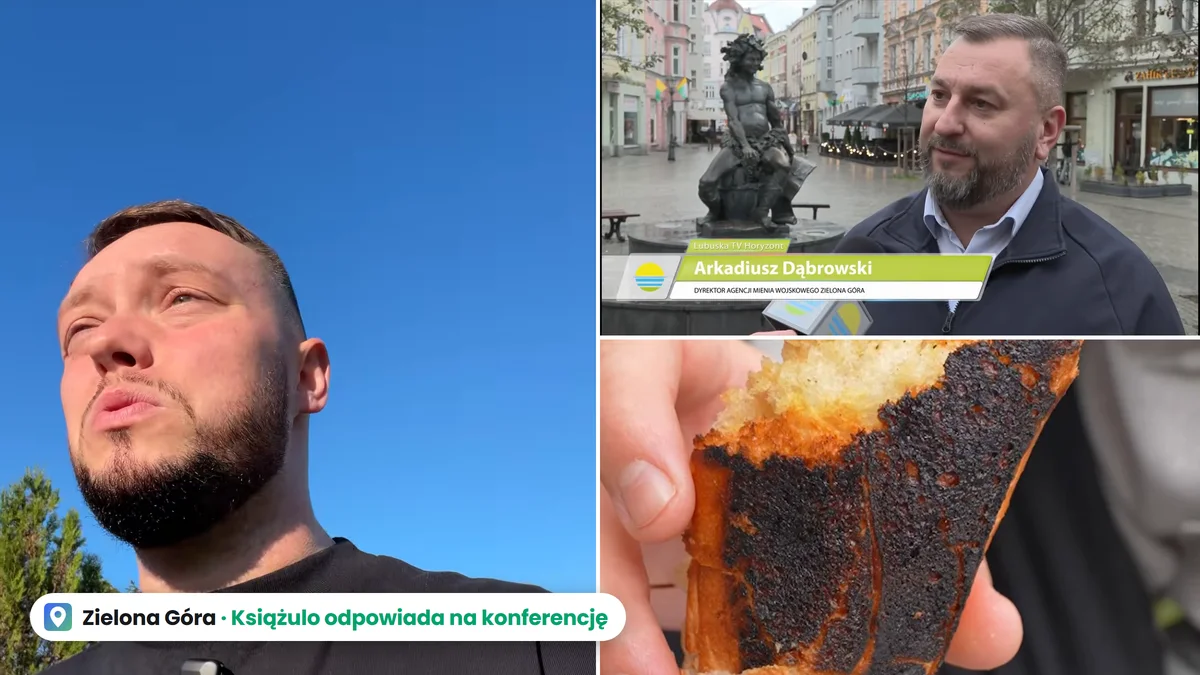 Po lewej Książulo nagrywający short w plenerze, po prawej Arkadiusz Dąbrowski na konferencji w Zielonej Górze w kadrze Lubuskiej TV Horyzont oraz spalona zapiekanka z Winobrania