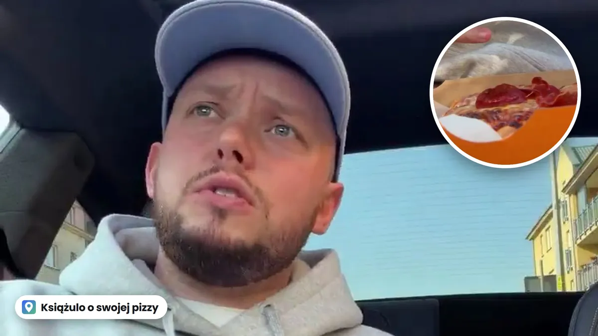 Książulo w samochodzie z kawałkiem swojej pizzy, w kółku pizza pepperoni w pomarańczowym pudełku z Żabki