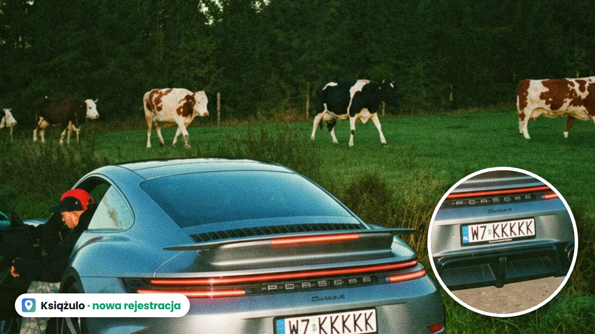 Szare Porsche 911 Turbo S Książula tyłem, na tablicy W7 KKKKK, w tle krowy na pastwisku, w kółku zbliżenie tablicy