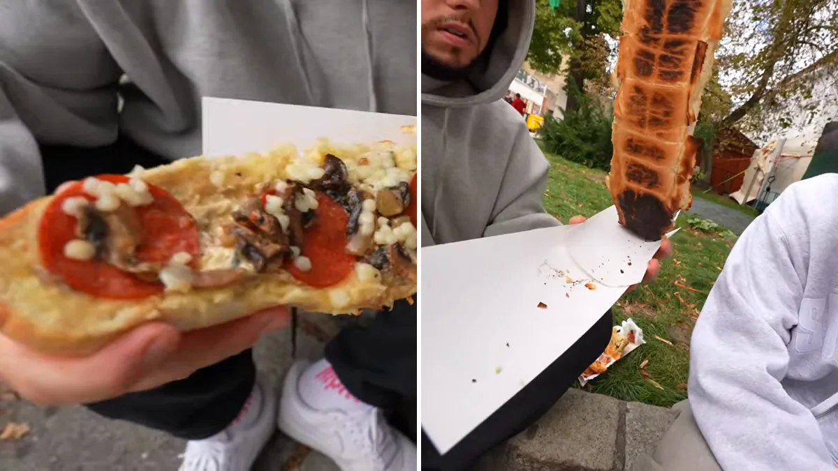 Zapiekanka za 40 zł z Winobrania: nierozpuszczony ser w kostkach i plastry salami na wierzchu, spalony spód pokazany do kamery