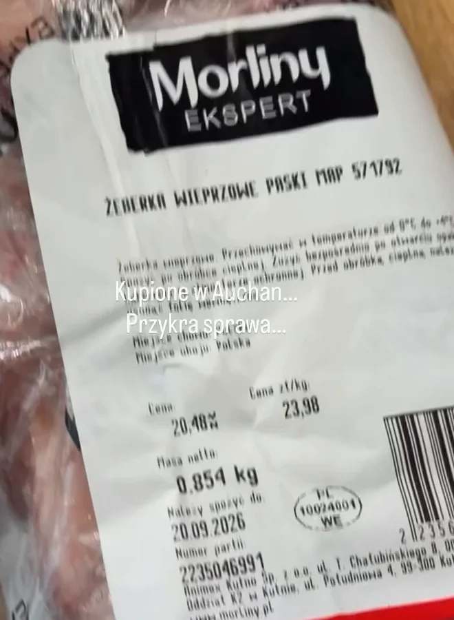 Etykieta żeberek Morliny Ekspert: należy spożyć do 20.09.2026, cena 20,48 zł, masa netto 0,854 kg, numer partii 2235046991, producent Animex Kutno
