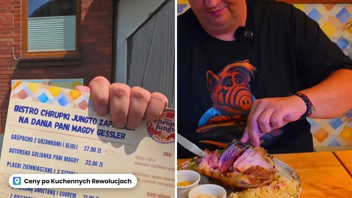Dwa kadry z filmu: z lewej karta Bistro Chrupki Jungto z daniami Magdy Gessler i cenami, z prawej golonka krojona na talerzu z kapustą