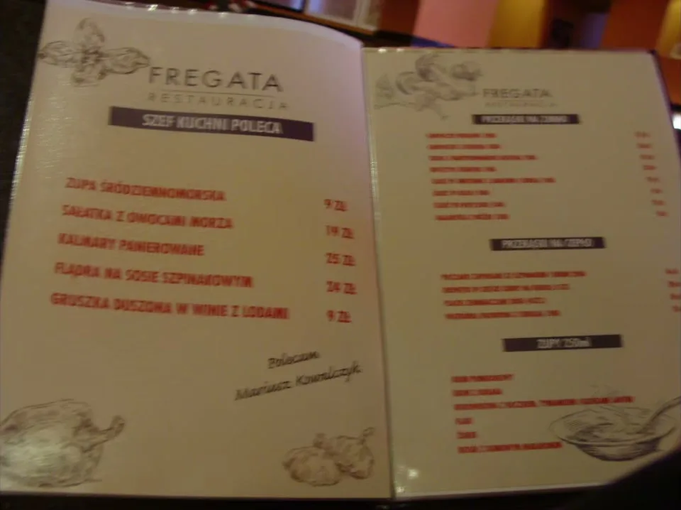 Karta restauracji Fregata z rubryką Szef kuchni poleca