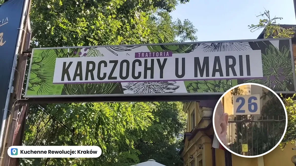 Szyld Trattoria Karczochy u Marii nad wejściem na podwórze w Krakowie, w kółku dzisiejsza brama z numerem 26