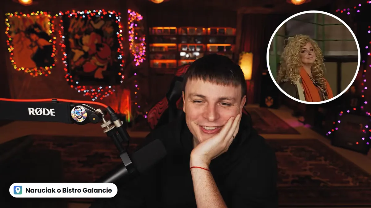 Naruciak przy mikrofonie, w kółku Magda Gessler przed wejściem do Bistro Galancie w Łodzi