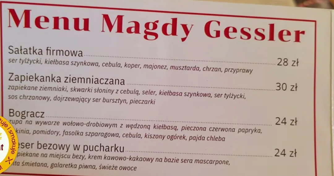 Strona karty Menu Magdy Gessler w restauracji Zwyczajna w Mińsku Mazowieckim
