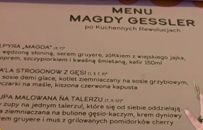 Strona karty Menu Magdy Gessler po Kuchennych Rewolucjach w Bistro Pyr! Pyr! Pyr!