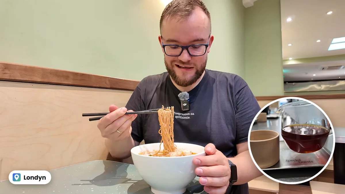 Maciej z kanału Maciej je nad miską ramenu w Ivan Ramen w Londynie, w kółku kawa w Special Guests Coffee