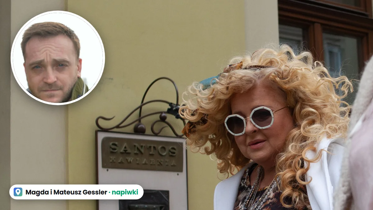 Magda Gessler przed kawiarnią, w kółku Mateusz Gessler, dwoje restauratorów, którzy spierają się o napiwki i opłatę serwisową