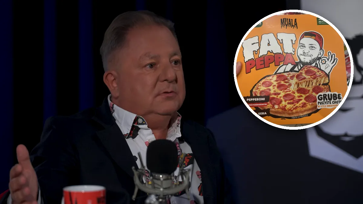 Robert Makłowicz w studiu podcastu Wojewódzki Wojewódzki, w kółku pudełko pizzy Fat Peppa Książula z Żabki