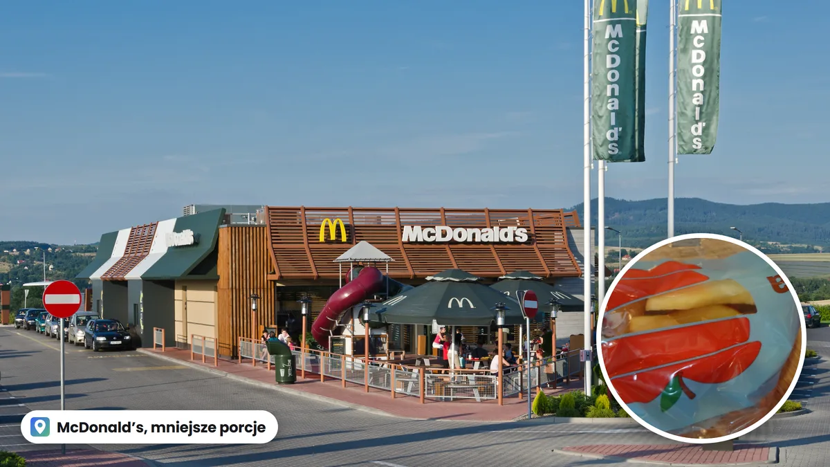 Restauracja McDonald's z ogródkiem w Kłodzku, w kółku jabłko w woreczku z zestawu Happy Meal