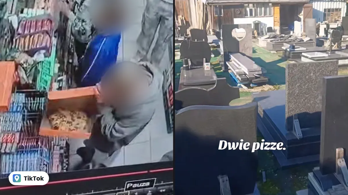 Po lewej kadr z monitoringu sklepu: pizza w otwartym pomarańczowym pudełku w rękach klienta. Po prawej nagrobki w zakładzie kamieniarskim i napis dwie pizze