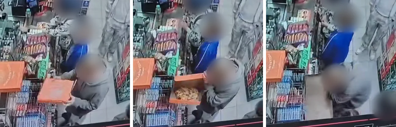 Trzy kadry z nagrania z monitoringu: klient bierze pomarańczowe pudełko z pizzą, pudełko się otwiera i spada