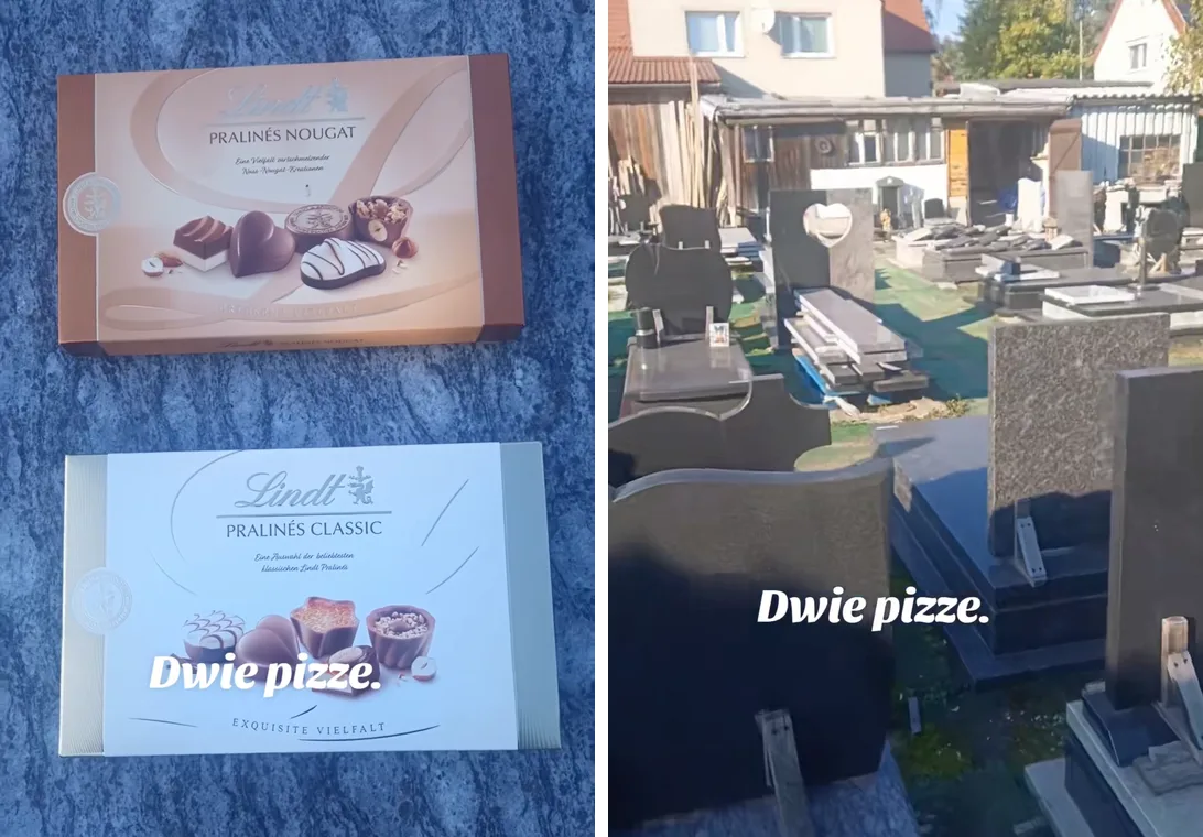 Kadry z reklamy zakładu kamieniarskiego z Bogatyni: dwa pudełka czekoladek z napisem dwie pizze i nagrobki na wystawie