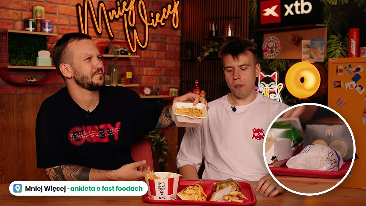 Ignacy i Mandzio z Mniej Więcej przy stole z kanapkami z McDonald's, w kółku jedna z kanapek z dołu ankiety