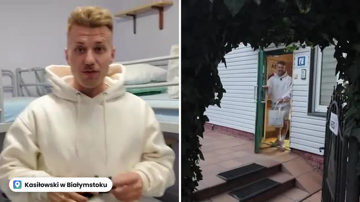 Dwa kadry z filmu: z lewej Jakub Kasiłowski w jasnej bluzie przy łóżkach piętrowych, z prawej wychodzi z budynku schroniska przez bramę z bluszczem